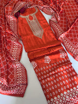 Orange Gajji Silk With gotta work neck Unstitched suit