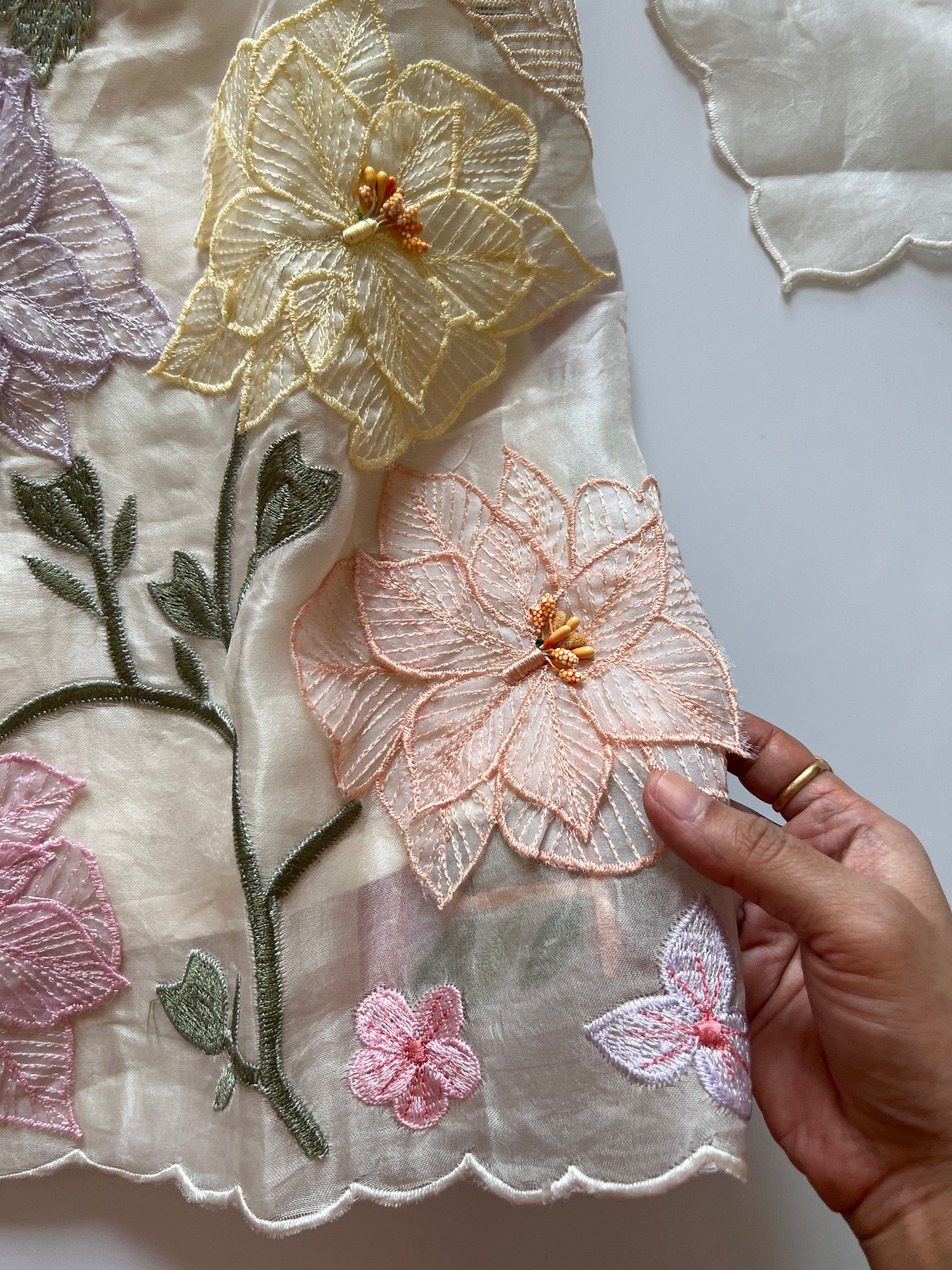 Off White 3D Embroidery on Organza premium unstitched dress material with floral work
