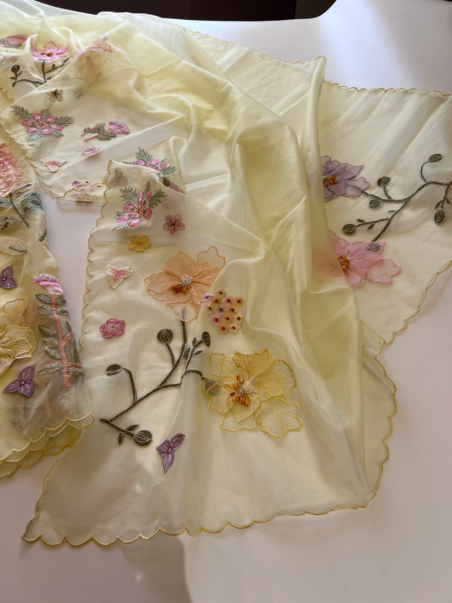 Yellow 3D Embroidery on semi Organza premium unstitched dress material with floral work