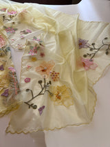 Yellow 3D Embroidery on semi Organza premium unstitched dress material with floral work