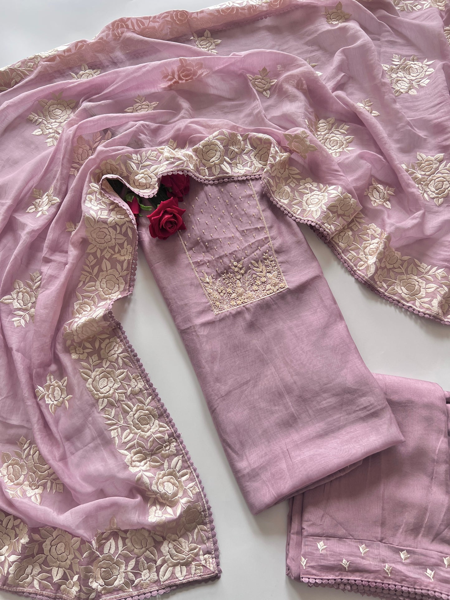 Lilac Mul Chanderi Handwork with Parsi dupatta Unstitched Suit set