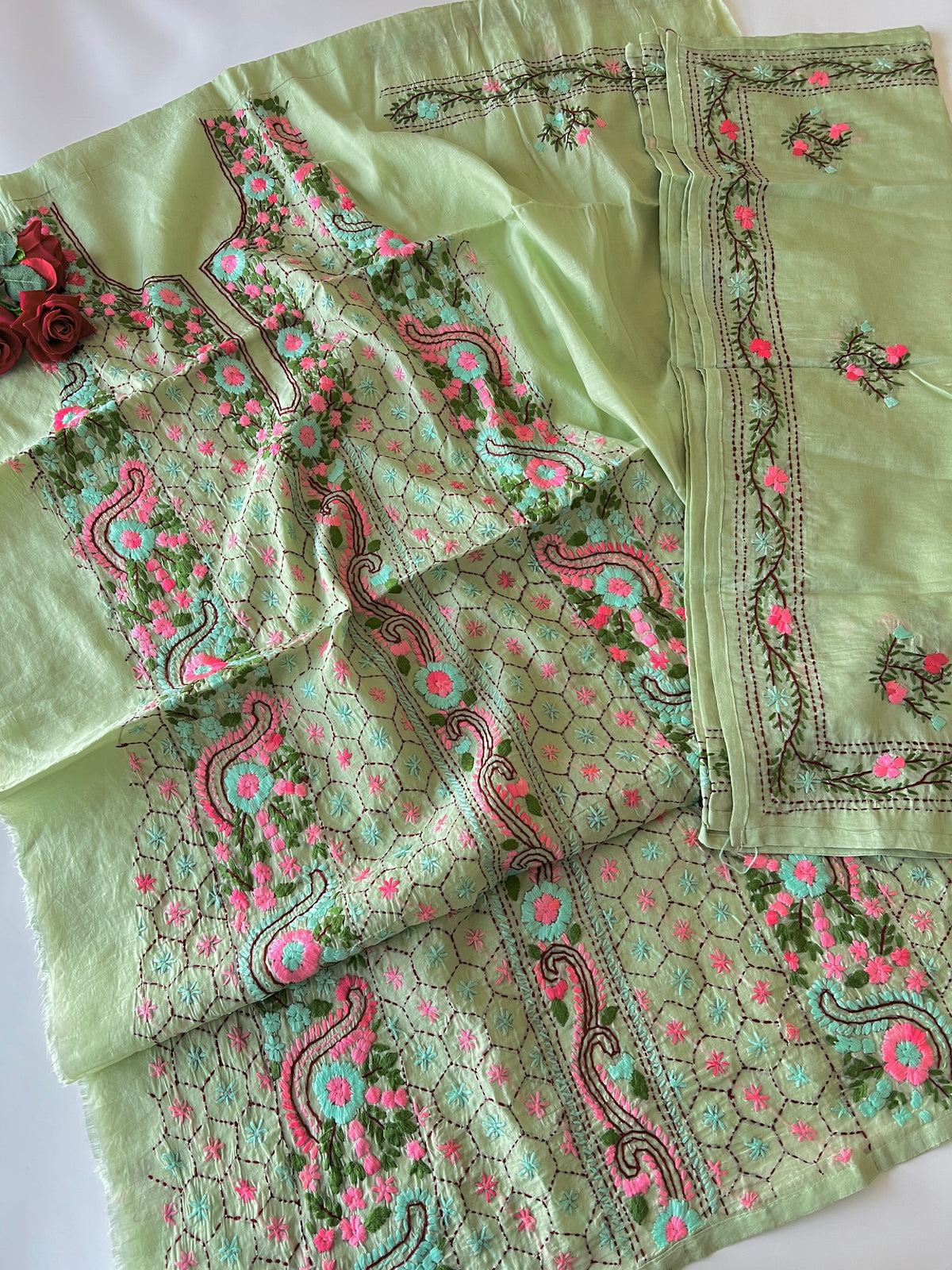 Pista green Phulkari embroidery Unstitched suit material