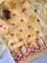 Yellow Kotta with flamingo embroidered kurta dupatta set Unstitched