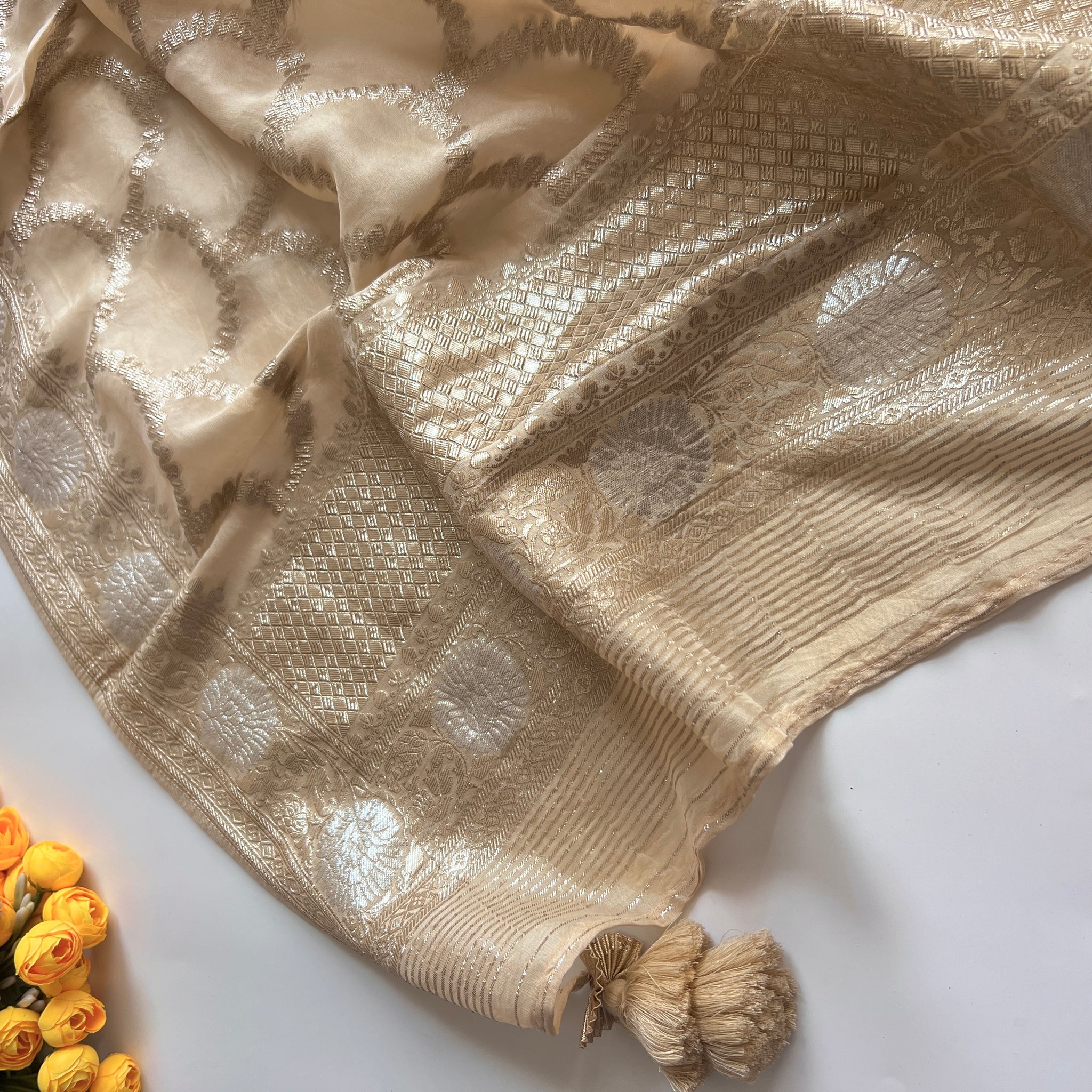 Golden Banarasi dupatta with tassels