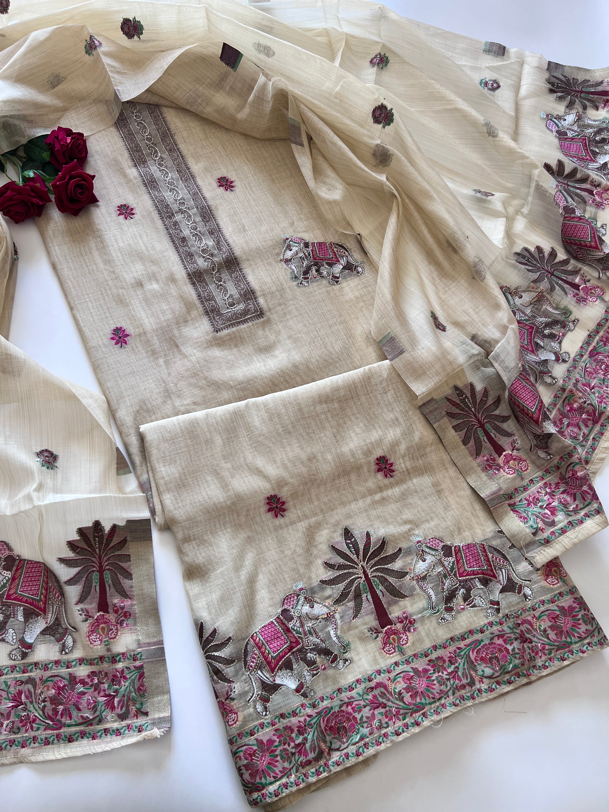 Beige Cotton Jamdani work dress material unstitched Suit set