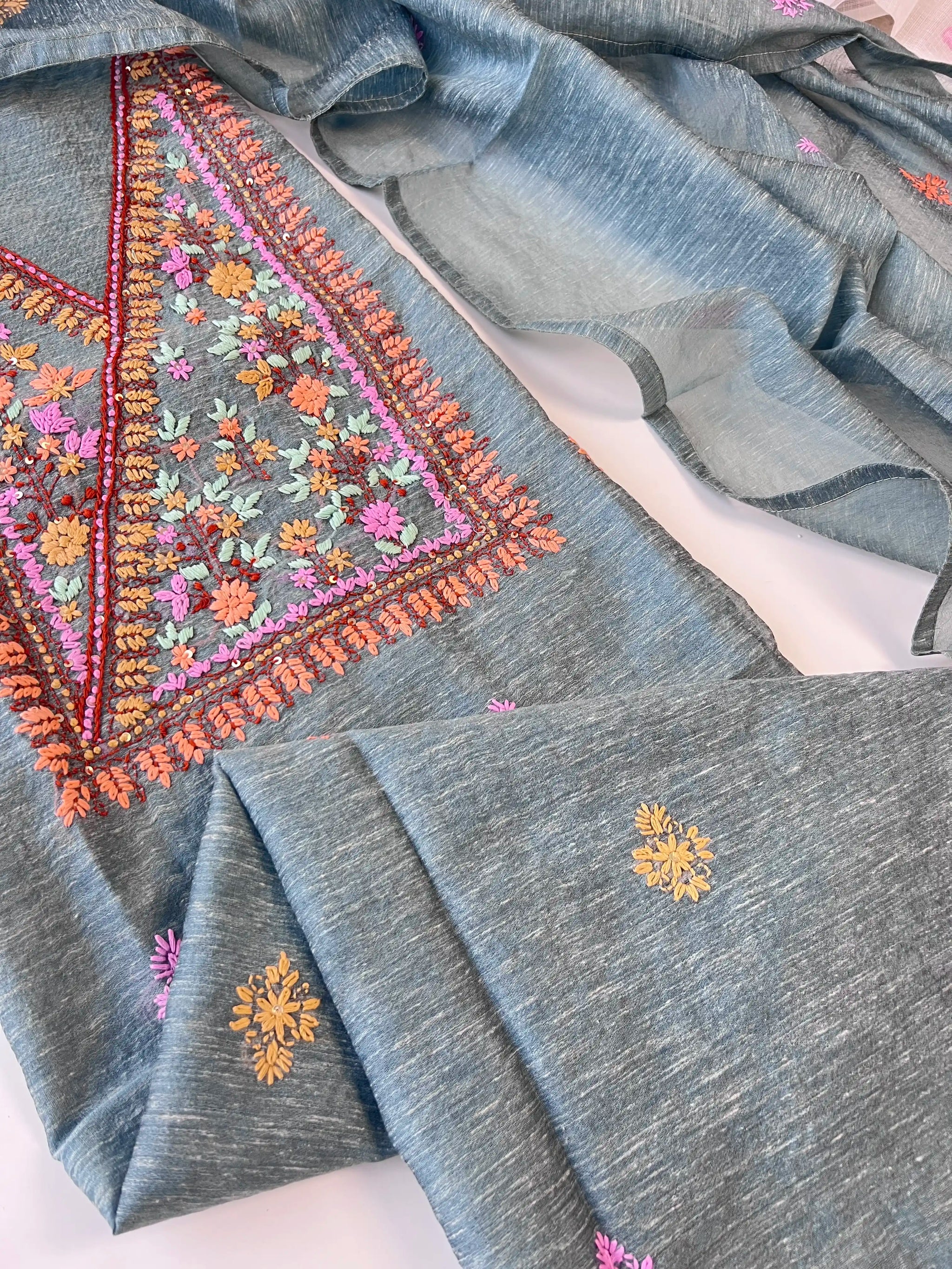 Chanderi knot embroidery Unstitched suit material