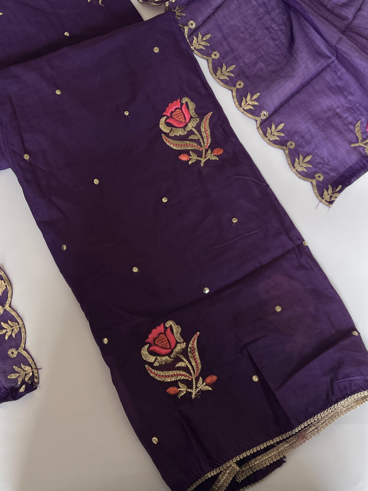 Purple Pitta with thread work on Mul Chanderi dress material - Unstitched Suit set
