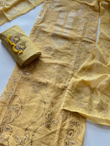 Yellow Mul Chanderi dress material with mukaish