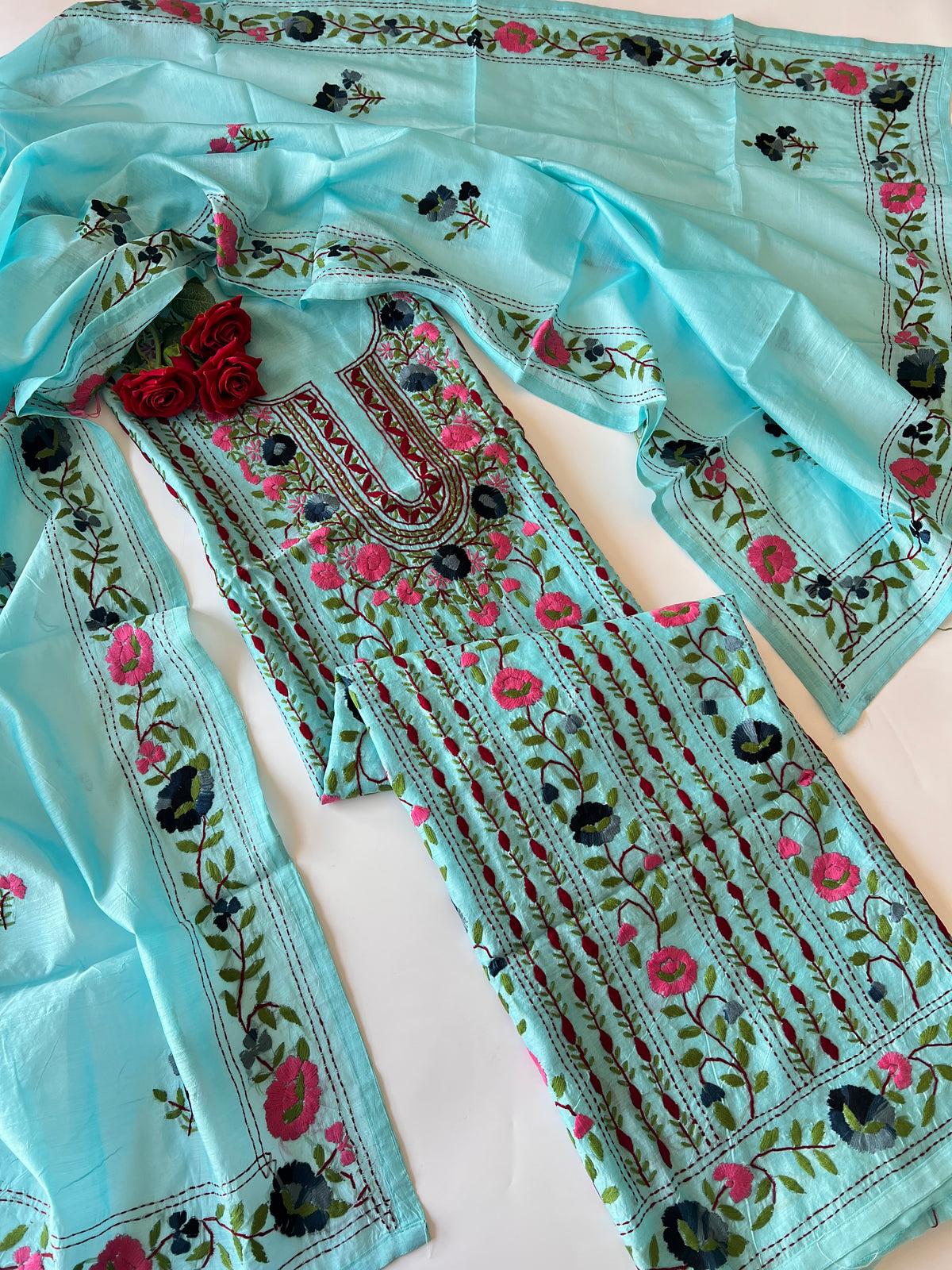 Sky blue Phulkari embroidery Unstitched suit material