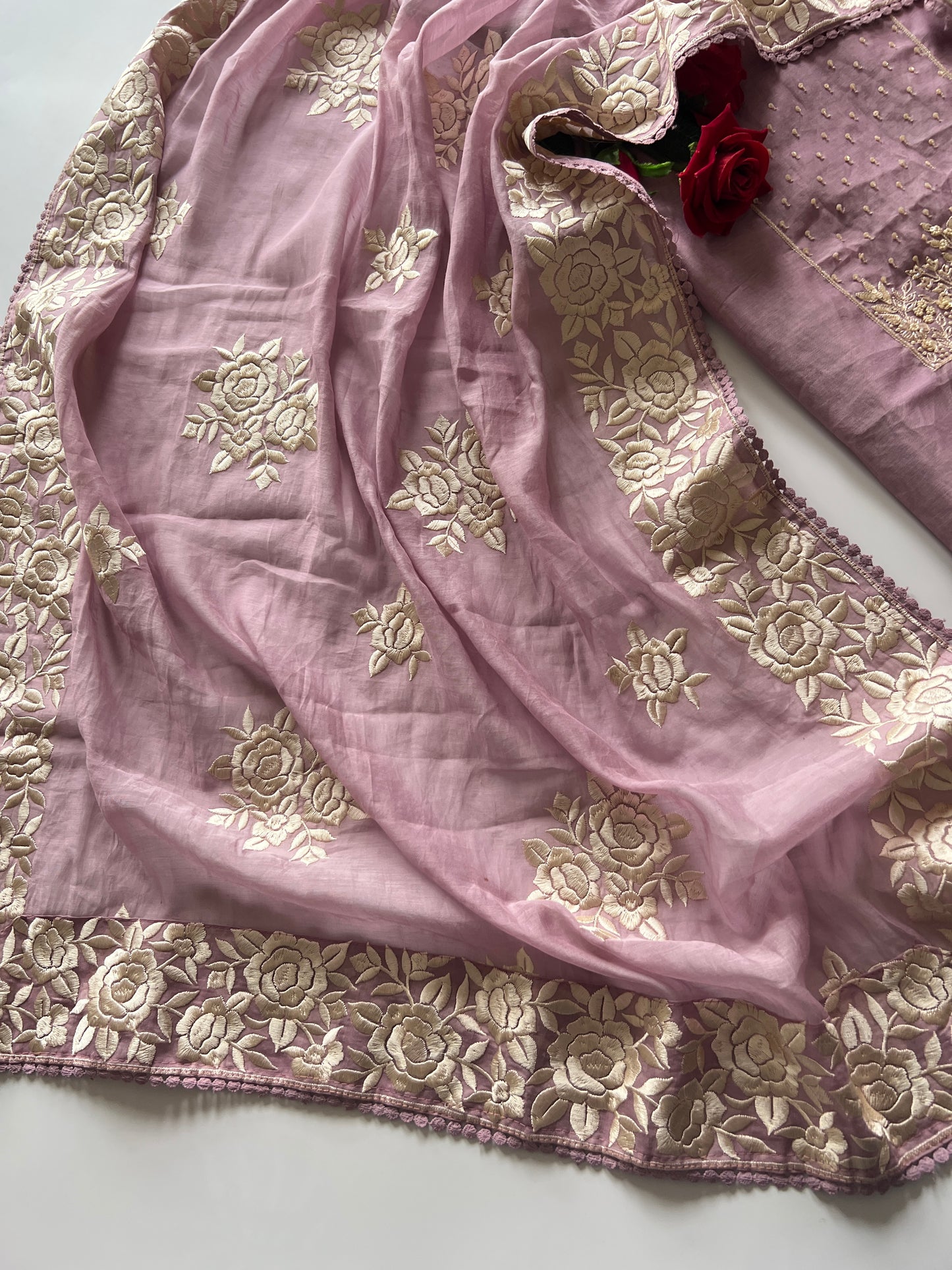 Lilac Mul Chanderi Handwork with Parsi dupatta Unstitched Suit set