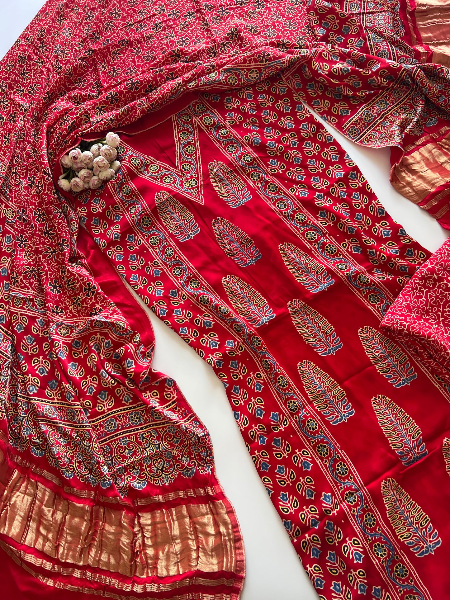 Red Ajrakh Handblock print 3 pc fabric Unstitched suit set