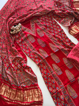 Red Ajrakh Handblock print 3 pc fabric Unstitched suit set