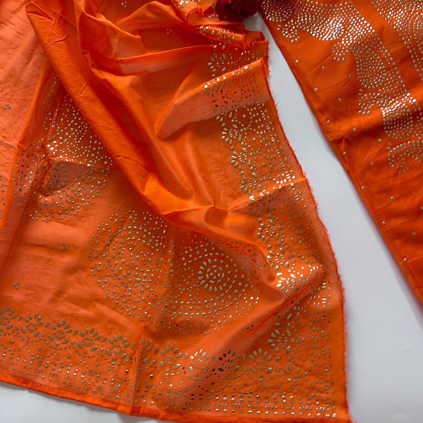 Orange Mul Chanderi dress material with mukaish -Paisley