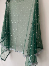 Green Net dupatta with scallop Silver border
