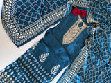 Blue Gajji Silk With gotta work neck Unstitched suit