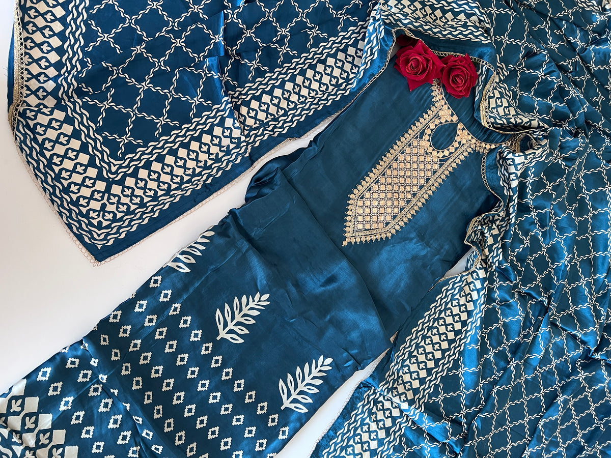 Blue Gajji Silk With gotta work neck Unstitched suit