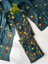 Peacock color Chanderi Phulkari embroidery Unstitched suit material