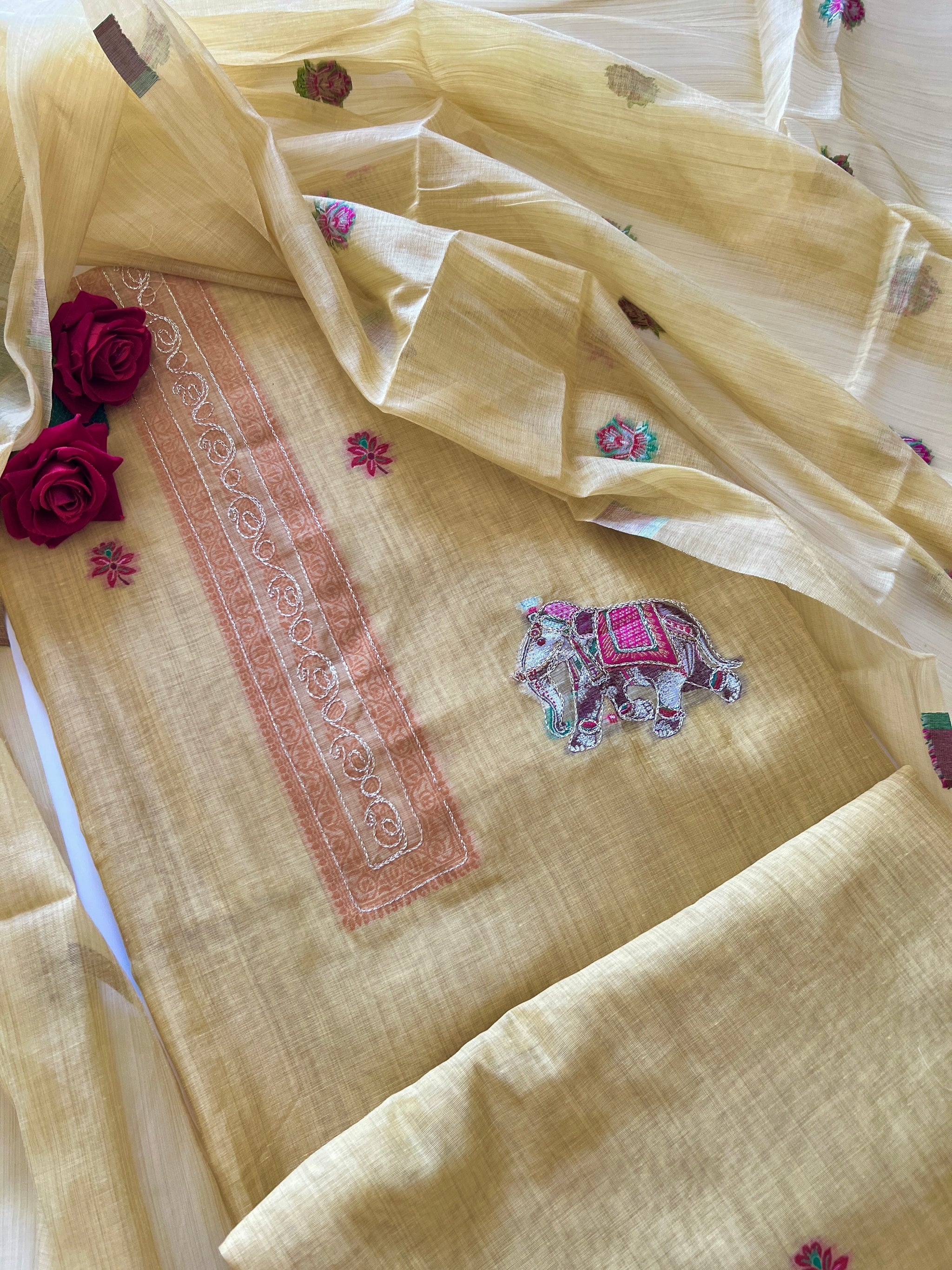 Yellow Cotton Jamdani work dress material unstitched Suit set
