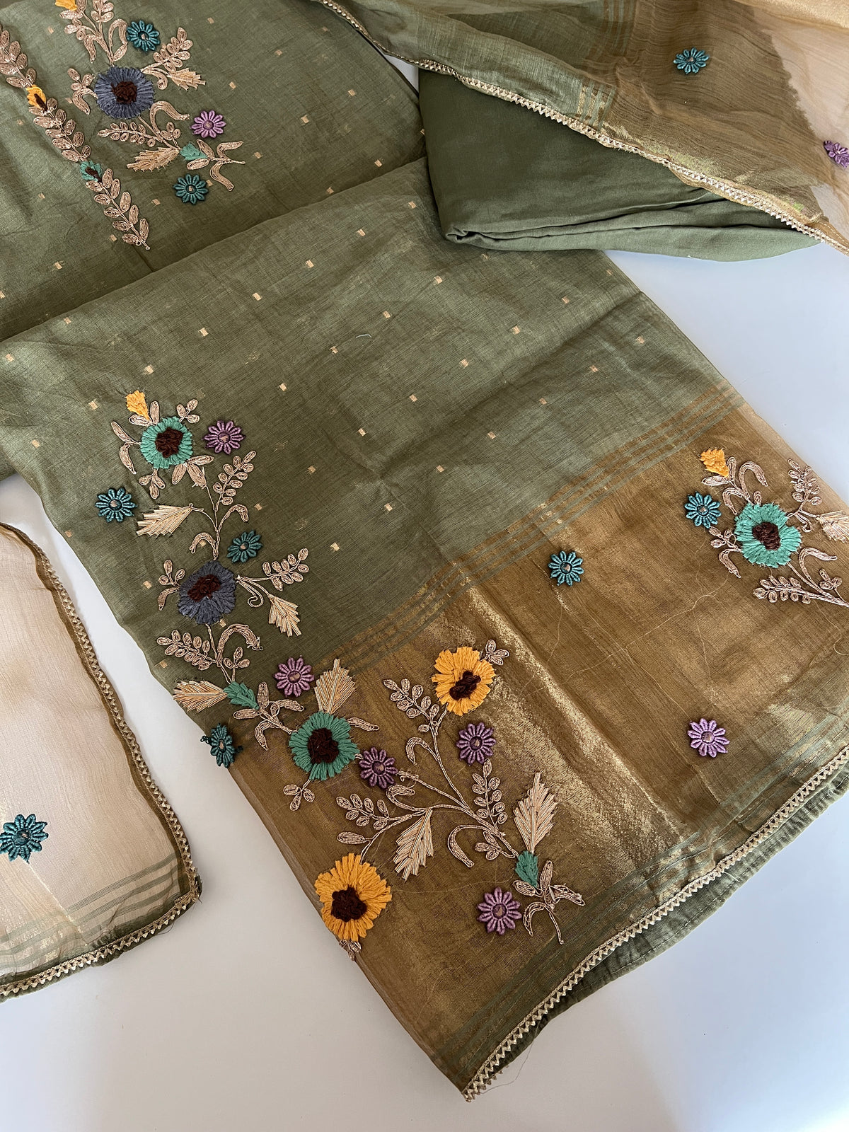 Olive Green Floral Embroidery tissue Jamdani Dress material