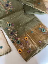 Olive Green Floral Embroidery tissue Jamdani Dress material
