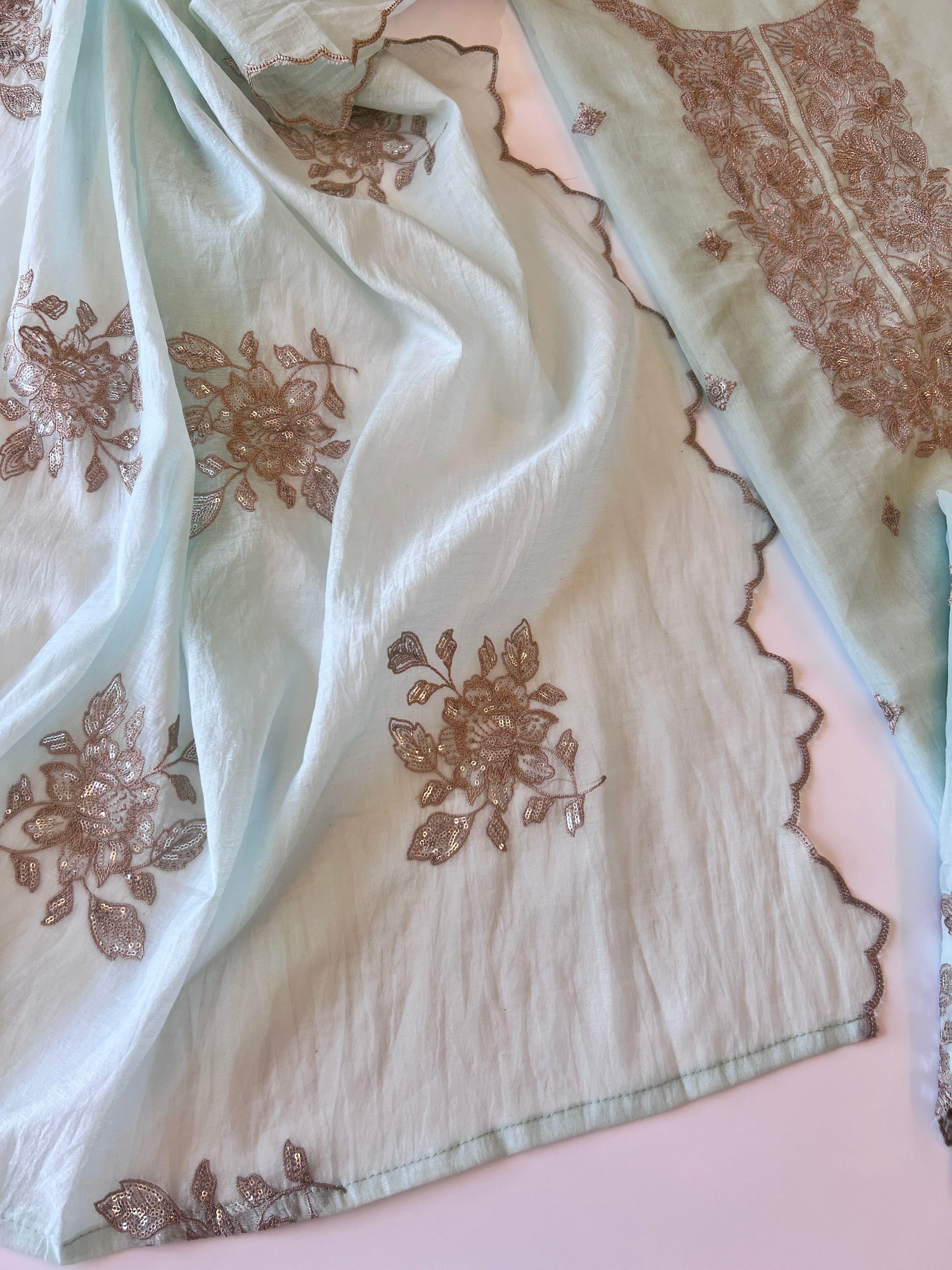 Pastel Blue Mul Chanderi Sequin embroidered Unstitched Suit