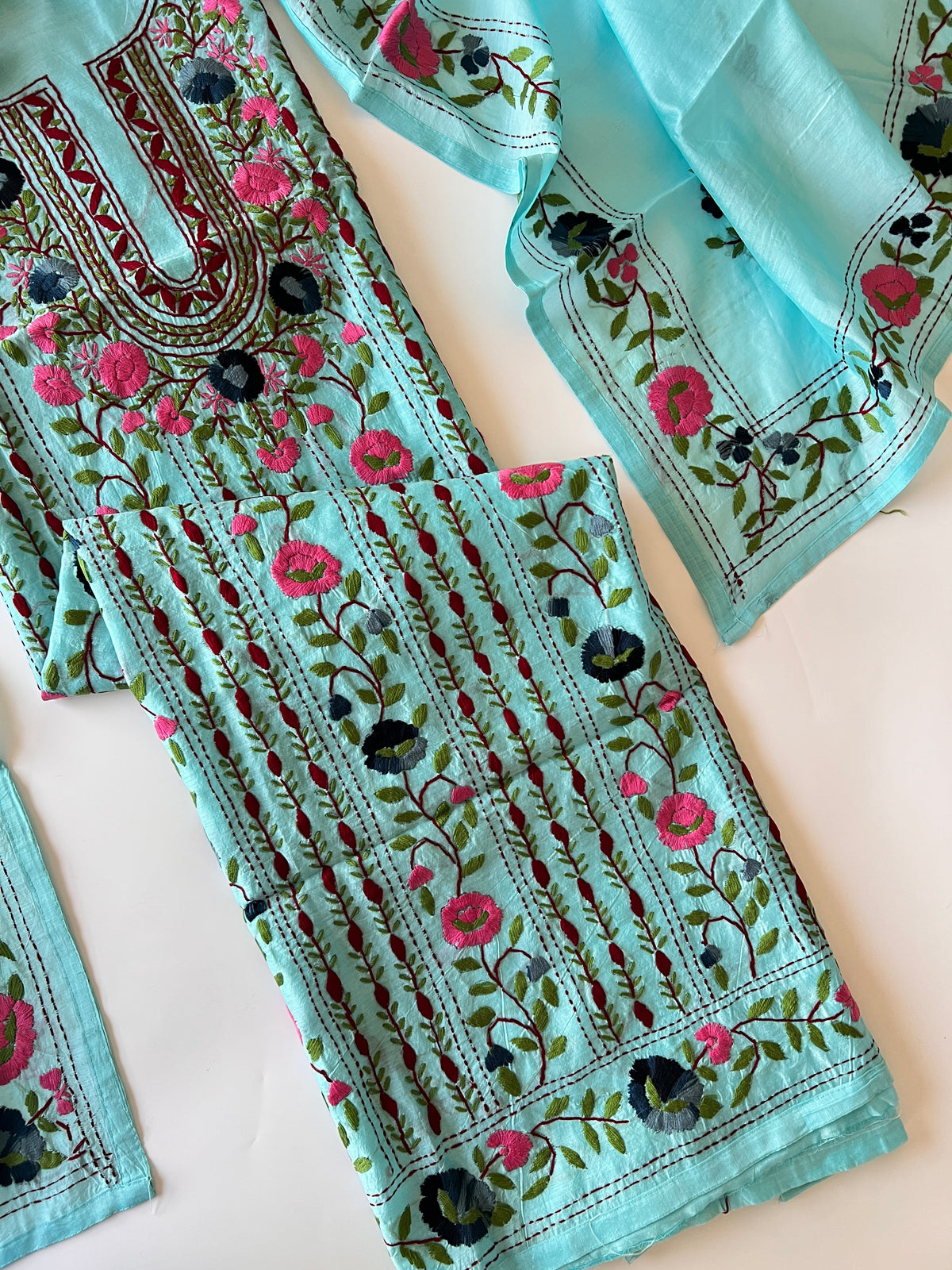 Sky blue Phulkari embroidery Unstitched suit material