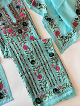 Sky blue Phulkari embroidery Unstitched suit material