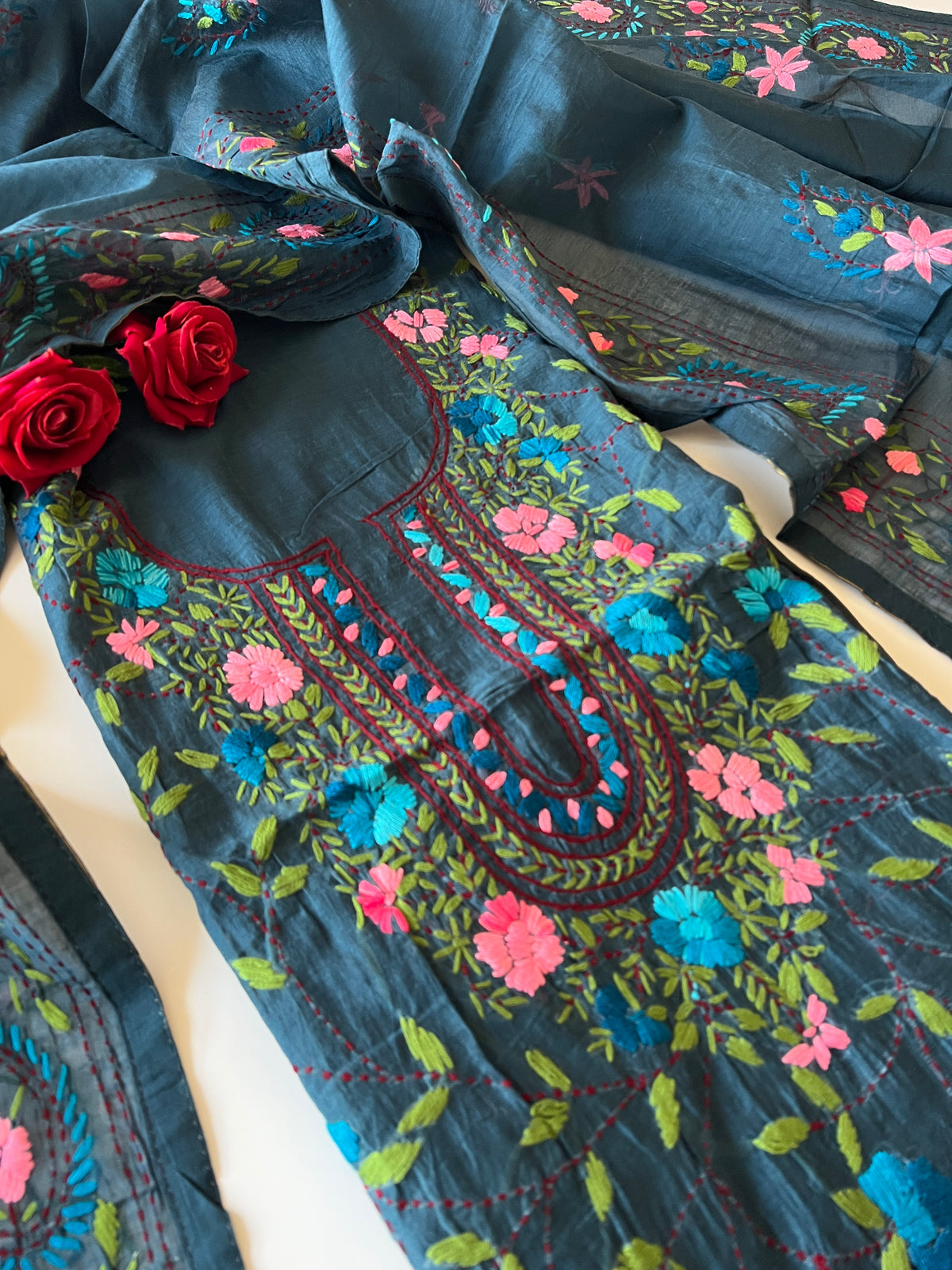 Blue Phulkari embroidery Unstitched suit material