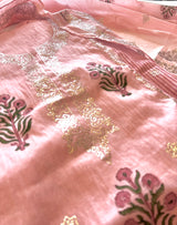 Block print and pitta work on Mul Chanderi dunstitched Suit set