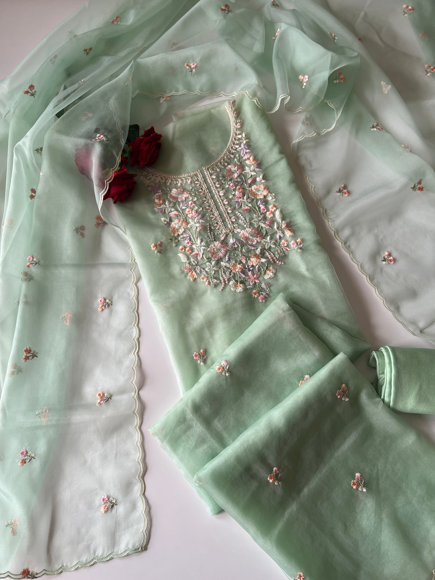 Green thread Embroidery unstitched suit