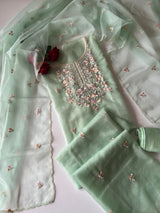 Green thread Embroidery unstitched suit