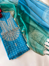 Blue soft Organza crepe with Pitta work and bandej