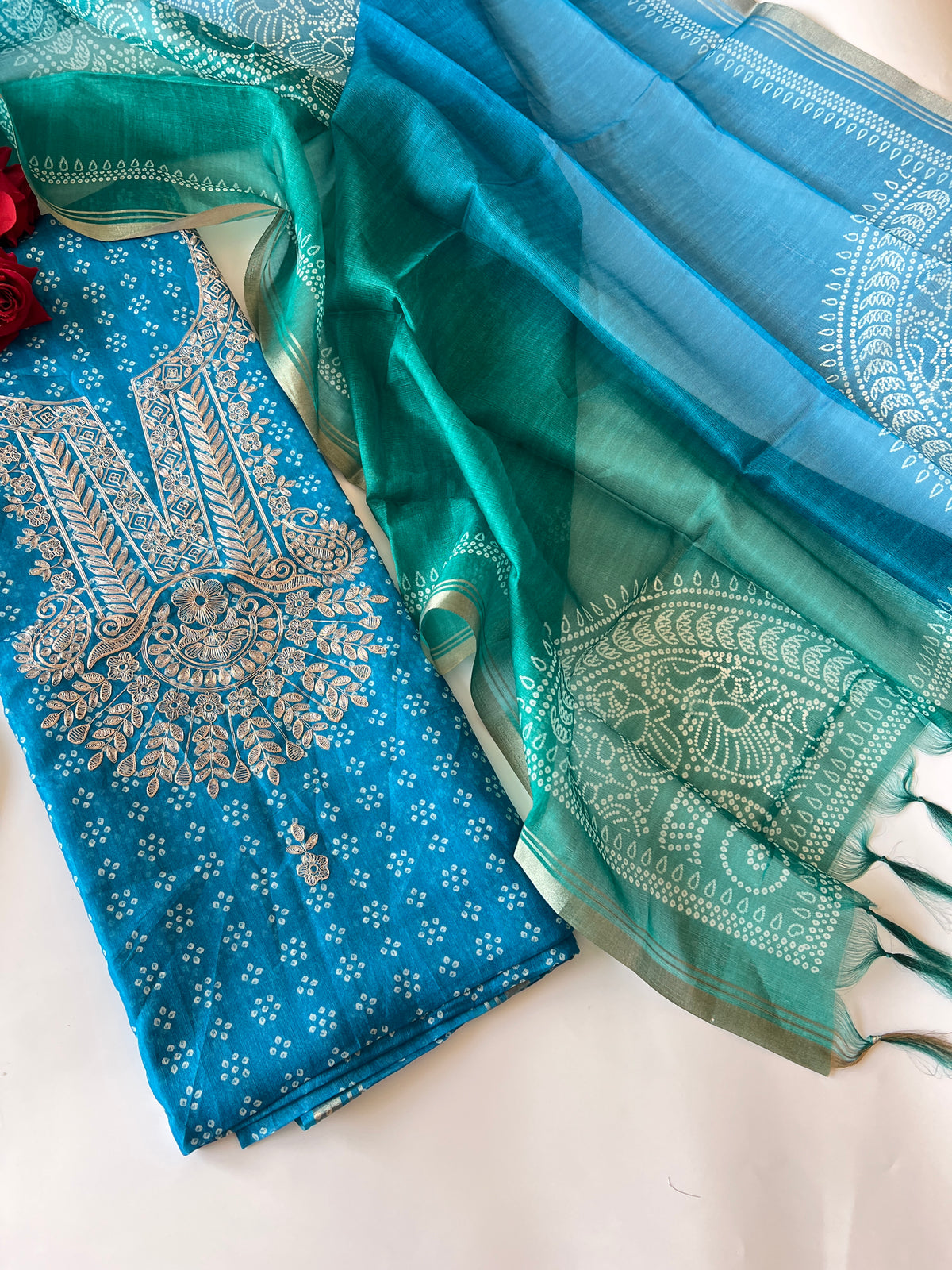 Blue soft Organza crepe with Pitta work and bandej