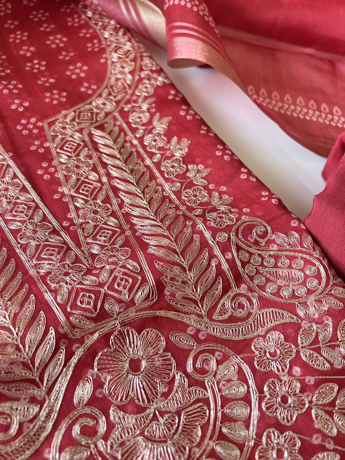 Red soft Organza crepe with Pitta work and bandej