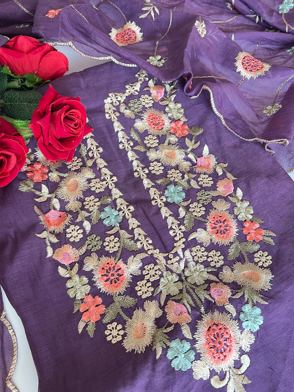 Purple Mul chanderi full embroidery dupatta thread work unstitched suit