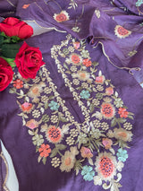 Purple Mul chanderi full embroidery dupatta thread work unstitched suit