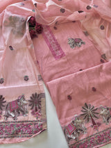 Pink Cotton Jamdani work dress material unstitched Suit set