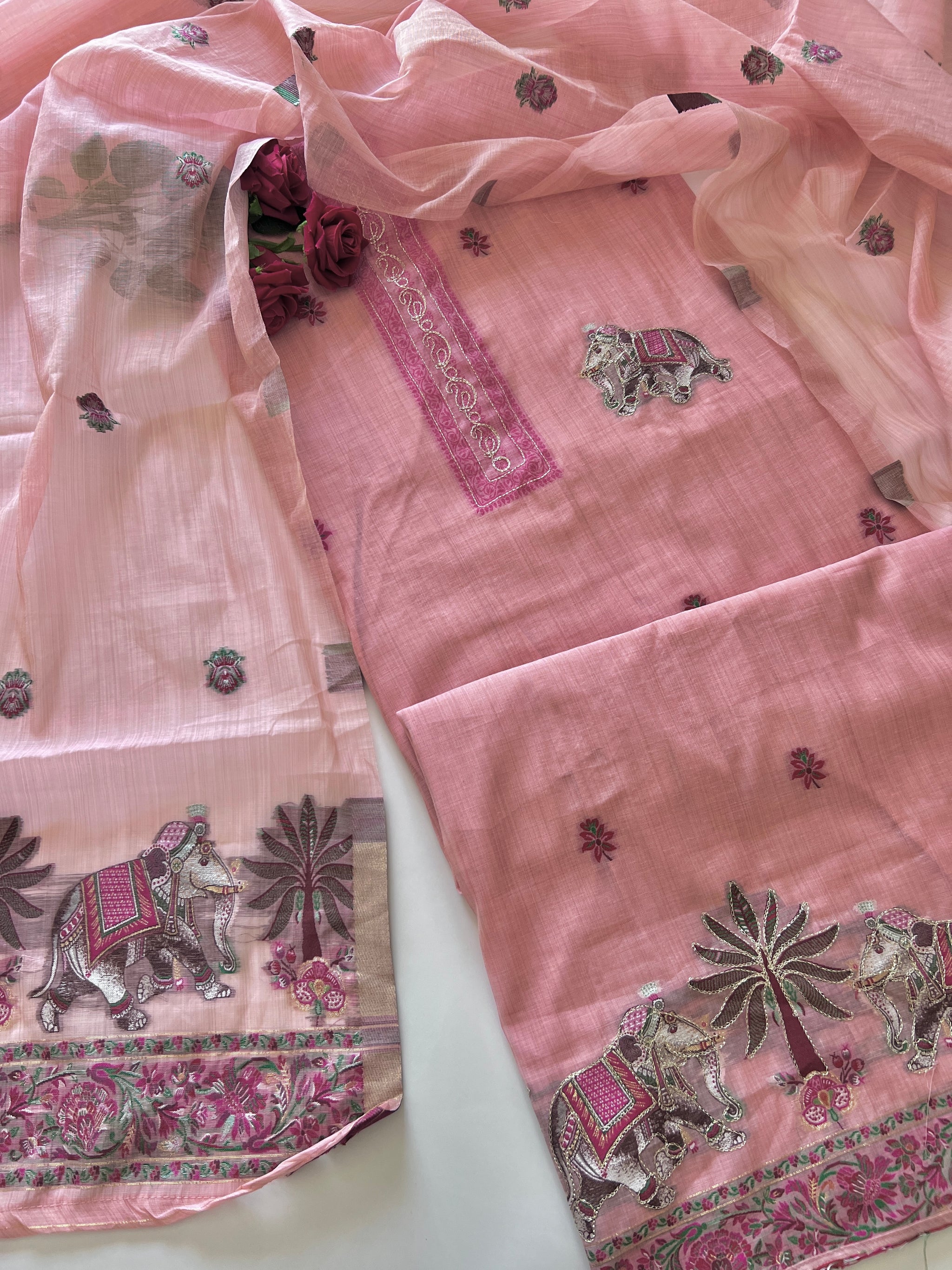 Pink Cotton Jamdani work dress material unstitched Suit set