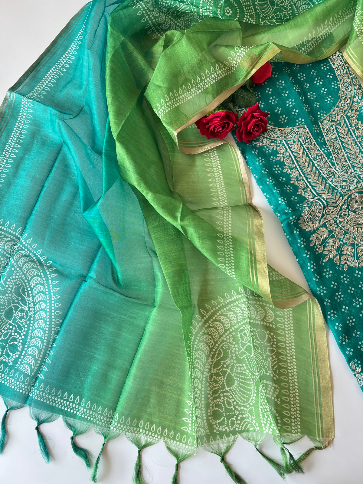 Green soft Organza crepe with Pitta work and bandej