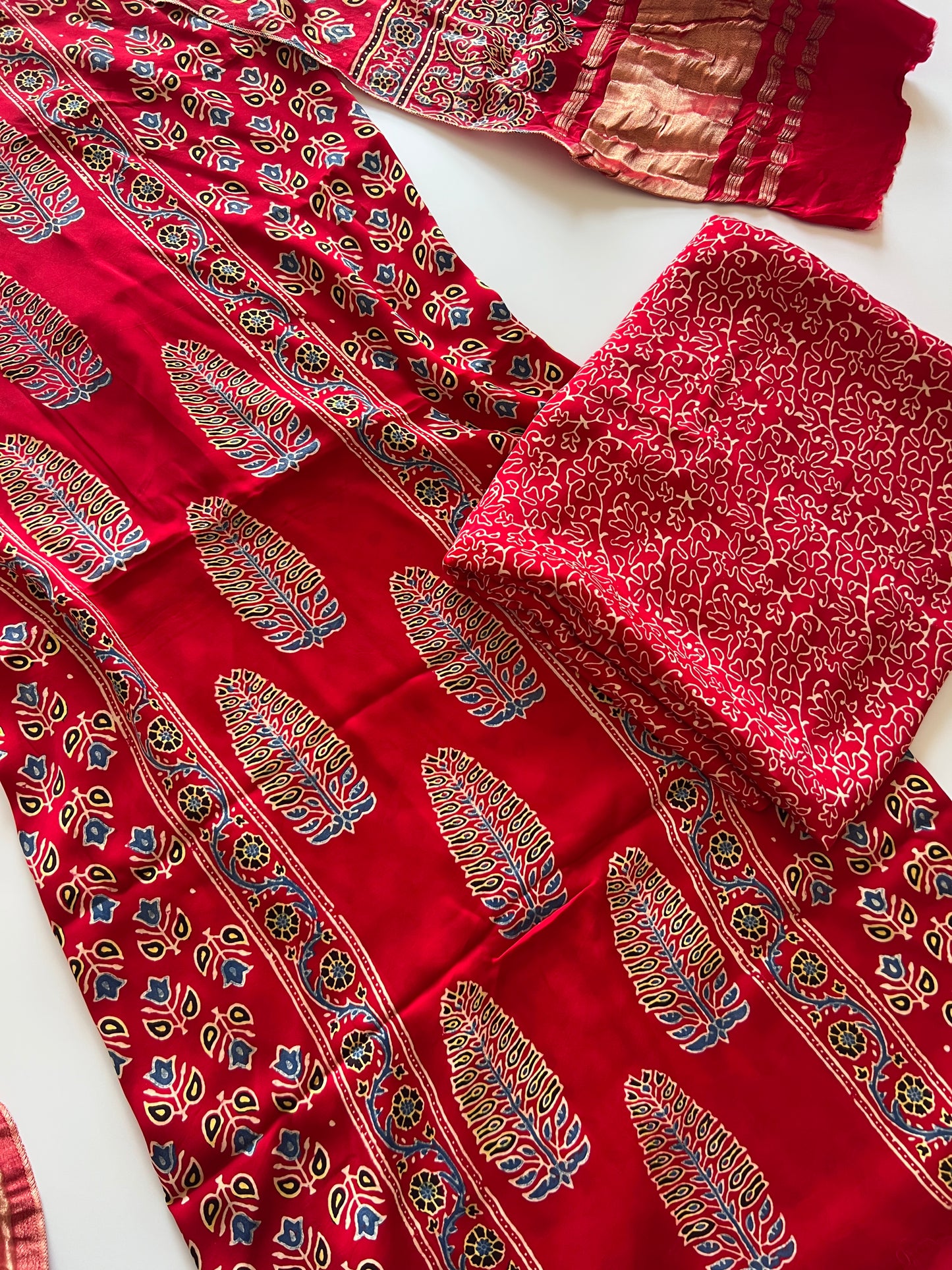 Red Ajrakh Handblock print 3 pc fabric Unstitched suit set