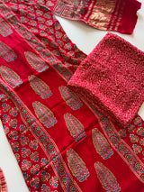 Red Ajrakh Handblock print 3 pc fabric Unstitched suit set