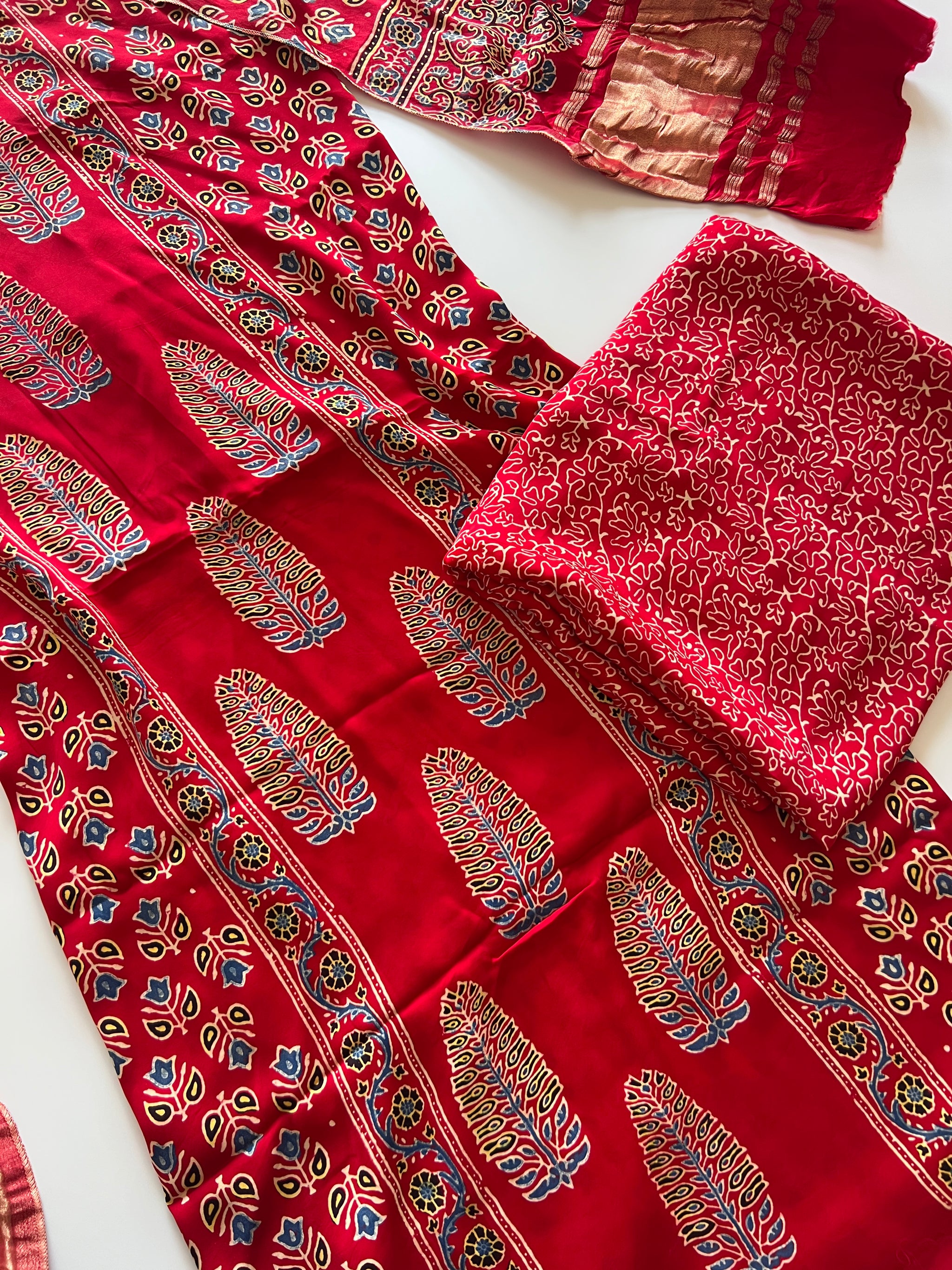 Red Ajrakh Handblock print 3 pc fabric Unstitched suit set