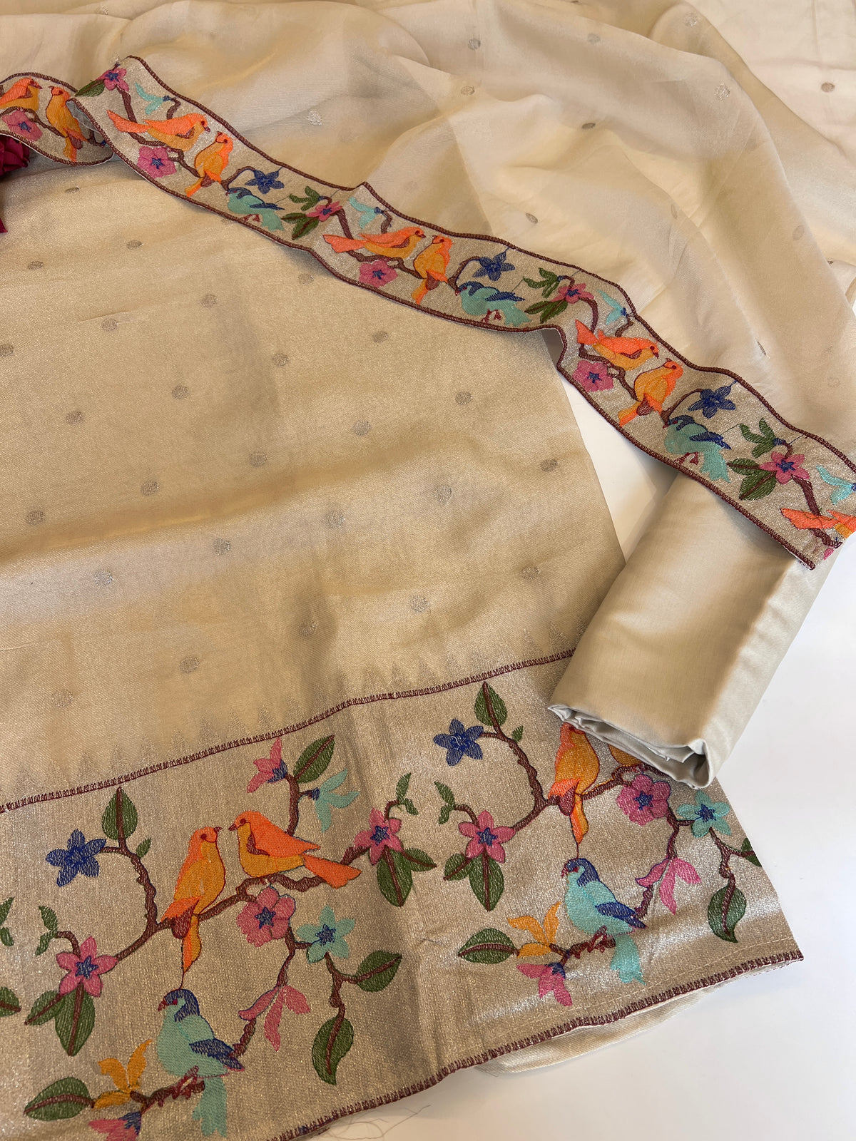 Bird embroidery tissue silk Unstitched suit