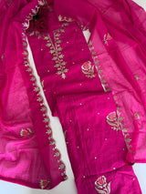 Pink Pitta with thread work on Mul Chanderi dress material - Unstitched Suit set