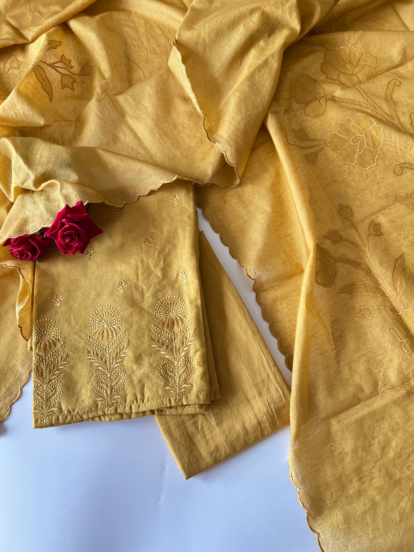 Yellow Pure Chanderi patchwork Embroidery scallop unstitched suit