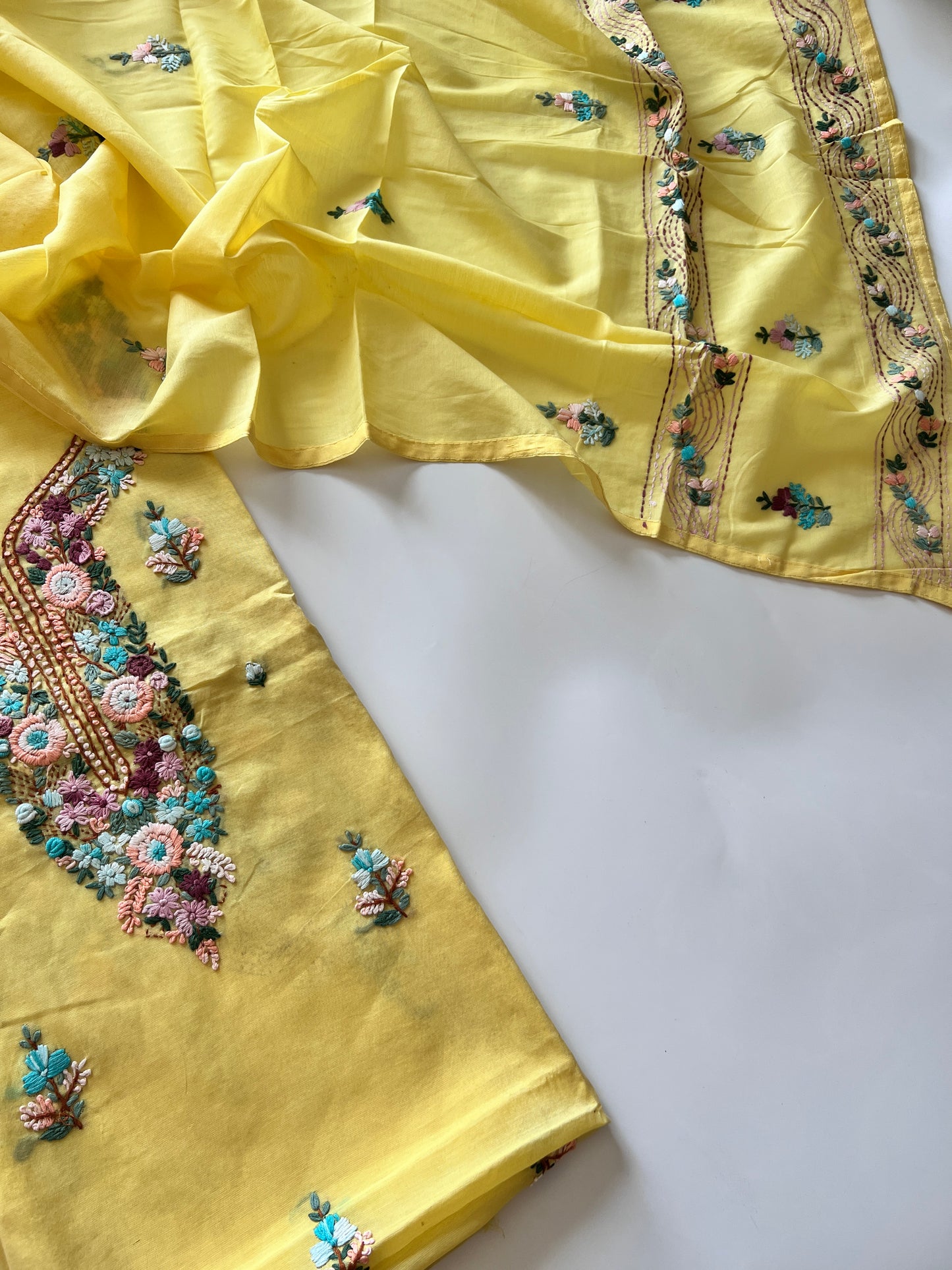 Yellow Knot embroidery Unstitched suit material 2 pc