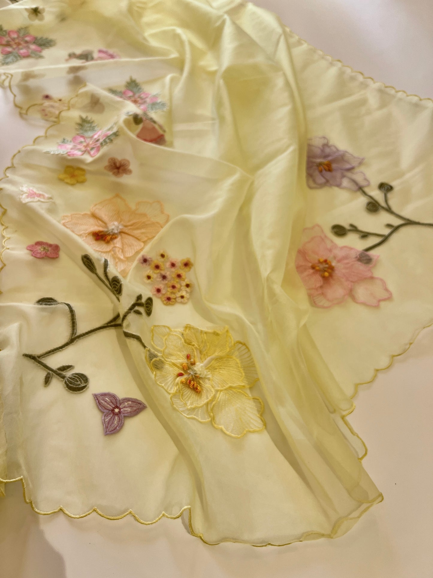 Yellow 3D Embroidery on semi Organza premium unstitched dress material with floral work