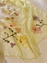 Yellow 3D Embroidery on semi Organza premium unstitched dress material with floral work