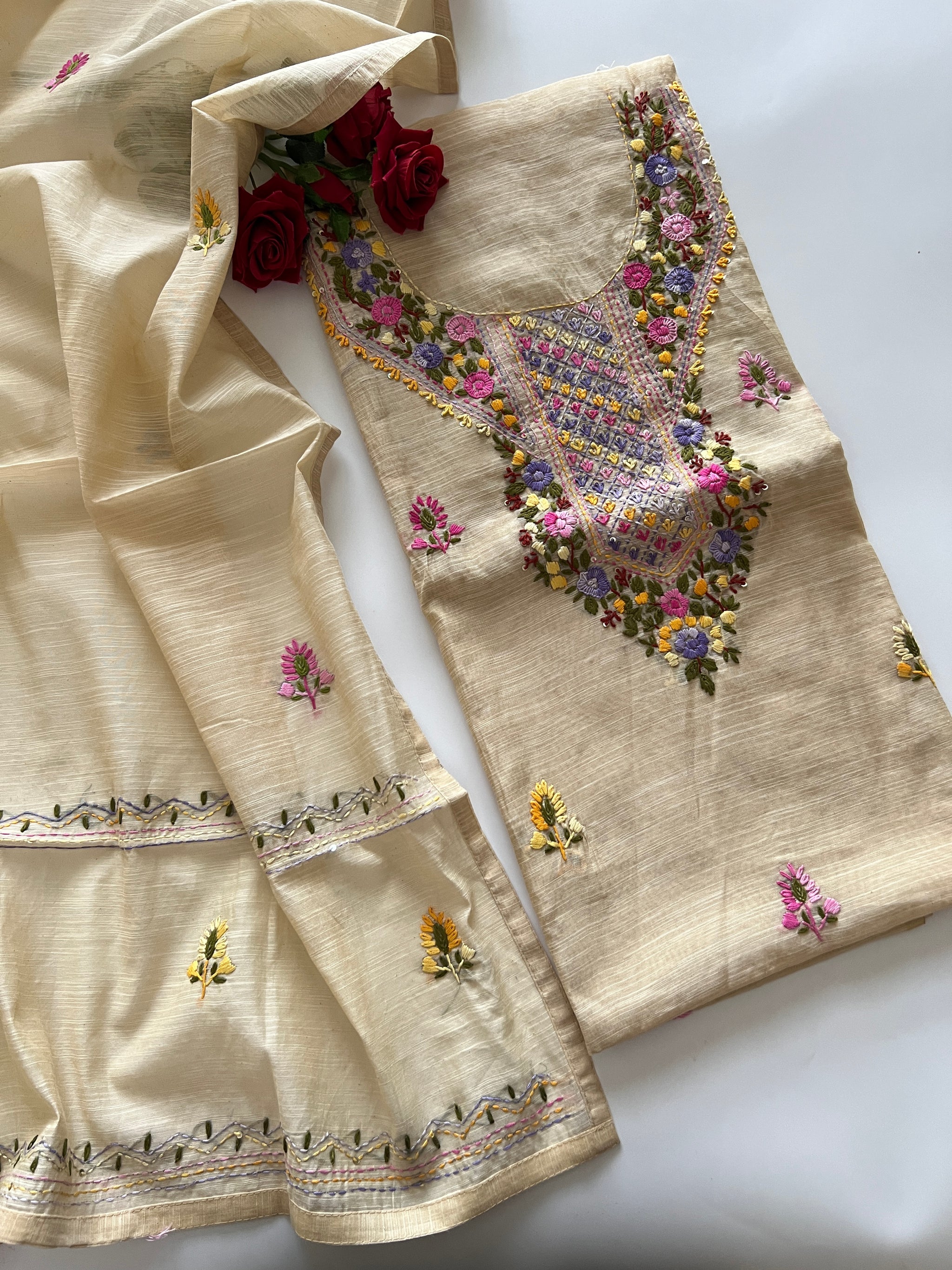 Beige Knot embroidery Unstitched suit material 2 pc