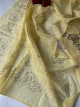 Pastel Yellow Mul Chanderi dress material with pitta and mukaish work